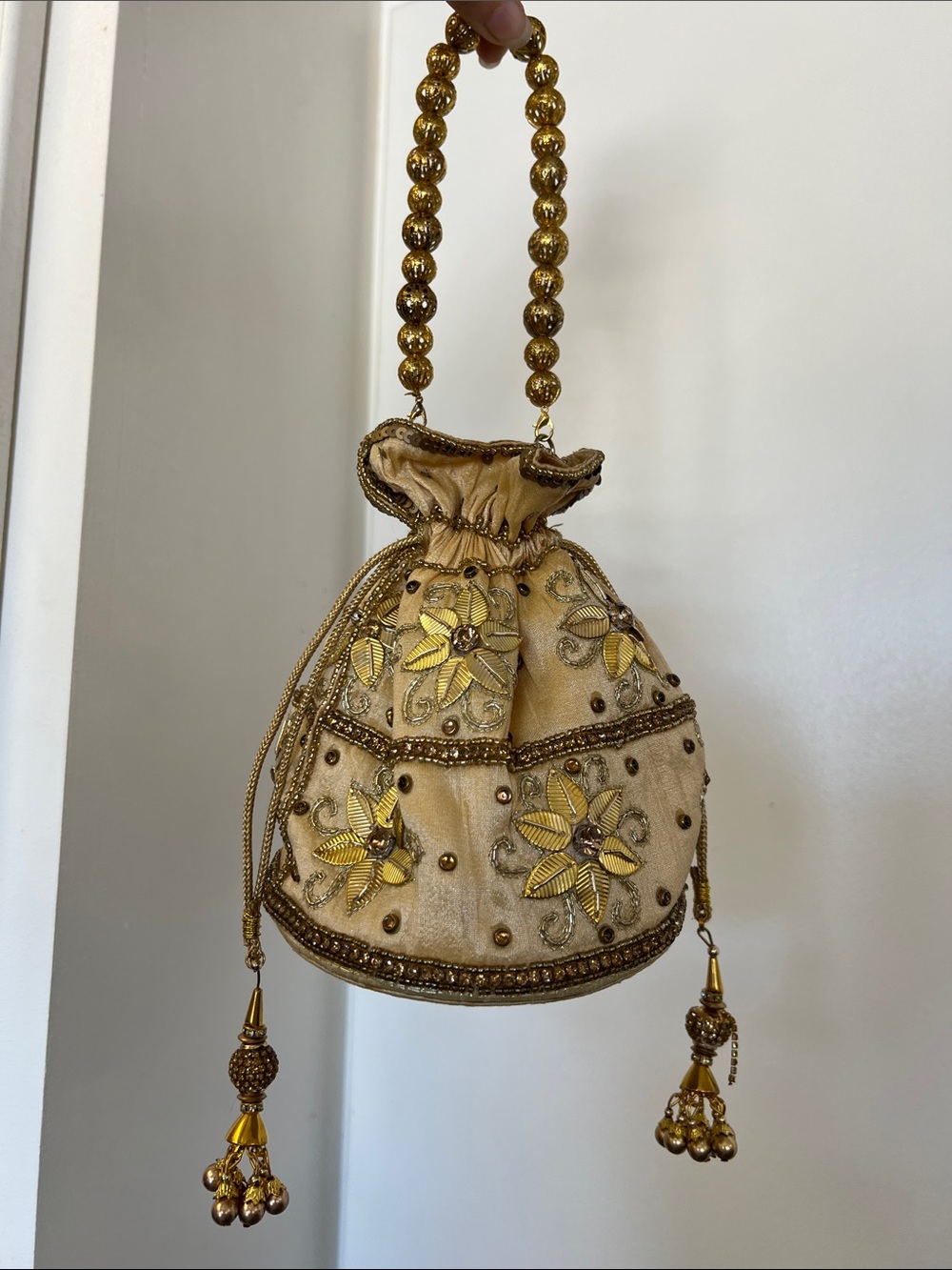 Embellished Gold Floral Drawstring Pouch Bucket Bag Purse Wristlet Clutch Ethnic